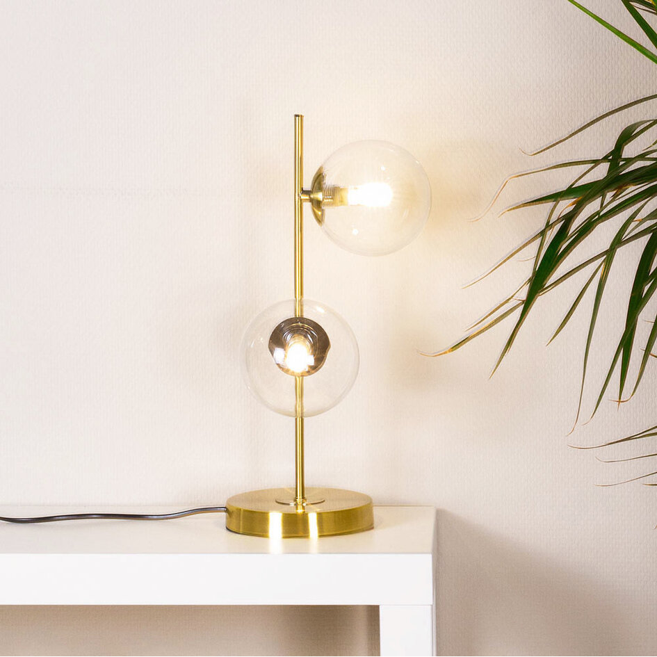 Bordlampe med 2 glaskugler - Ethan - messingfarvet med klart glas