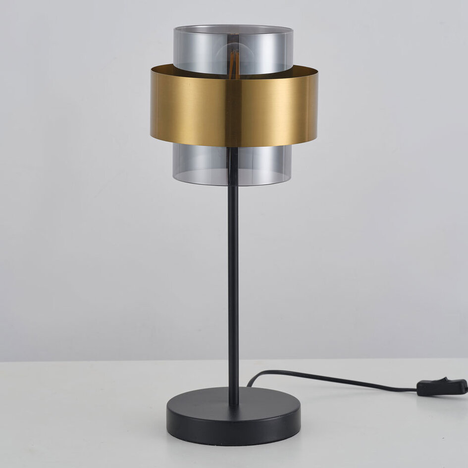 Retro bordlampe i messinglook med smokey glas - Lor