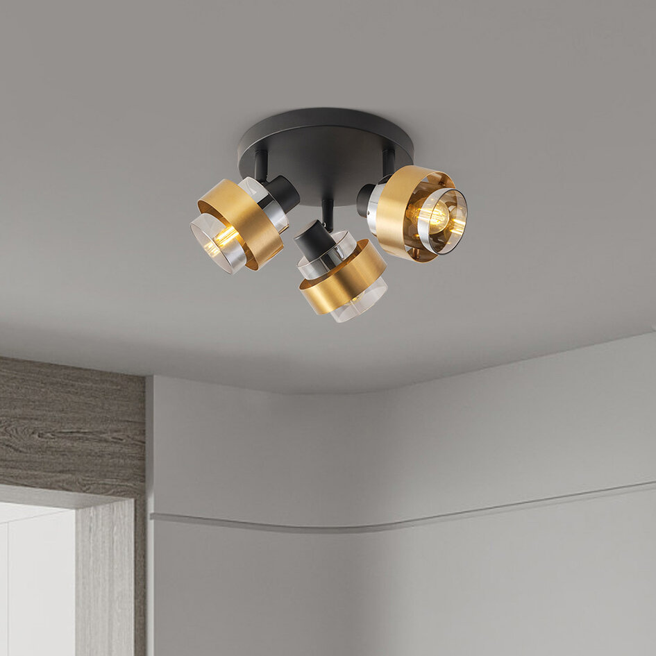 Retro loftslampe med 3 lampespots i messinglook med smokey glas - Emas