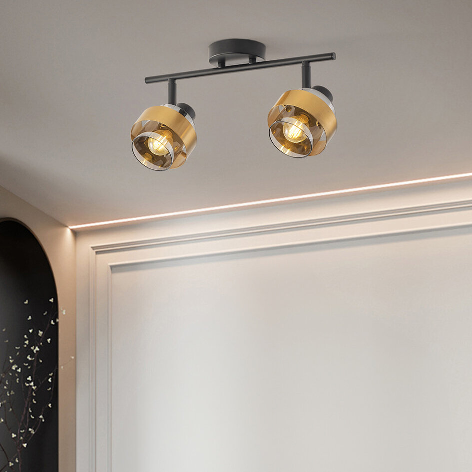 Retro skinnelampe med 2 lampespots i messinglook med smokey glas - Oro