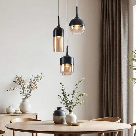 Loftlampe i ravfarvet glas med sorte jerndetaljer - Victor