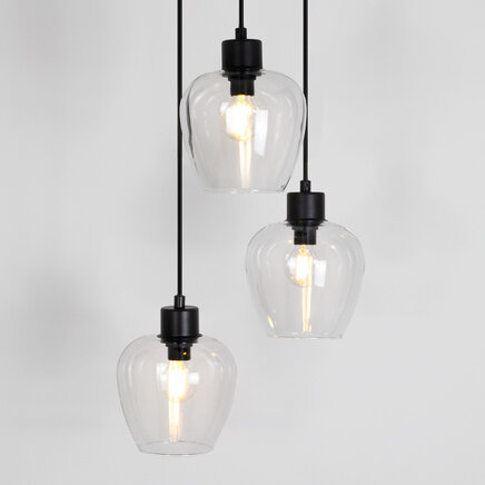 Pendel Stockton, 3 lyskilder - mat sort med transparente glasskærme