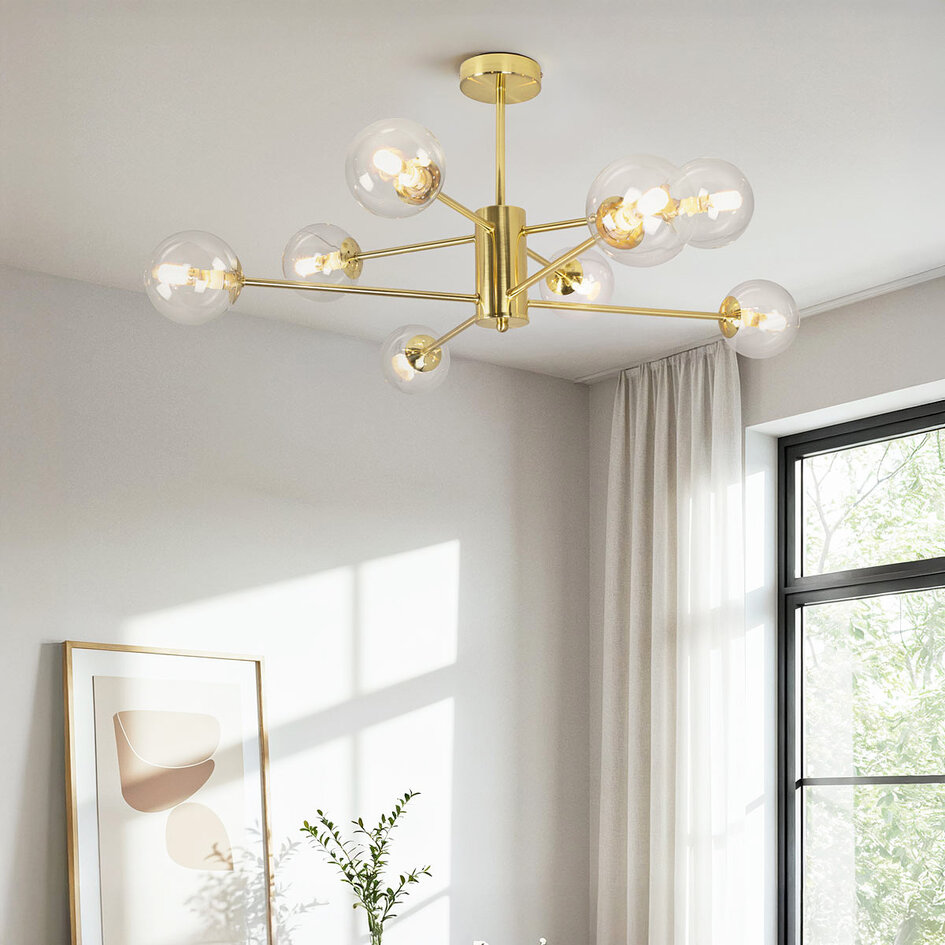 Designer loftslampe med 8 glaskugler - Idaho - guld og klart glas