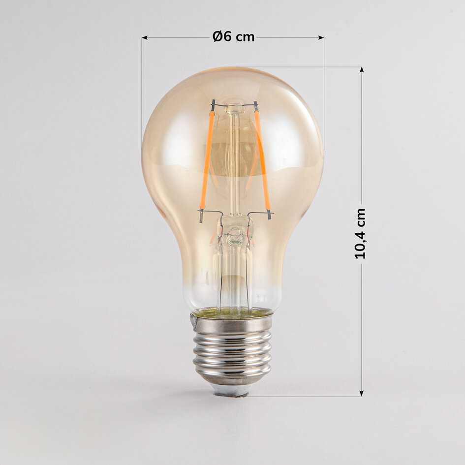 E27 LED-kronepære, filament med ravfarvet glas - 2,5, 4,5, 7 el. 10 watt / 2000K / Ø60 / dæmpbar