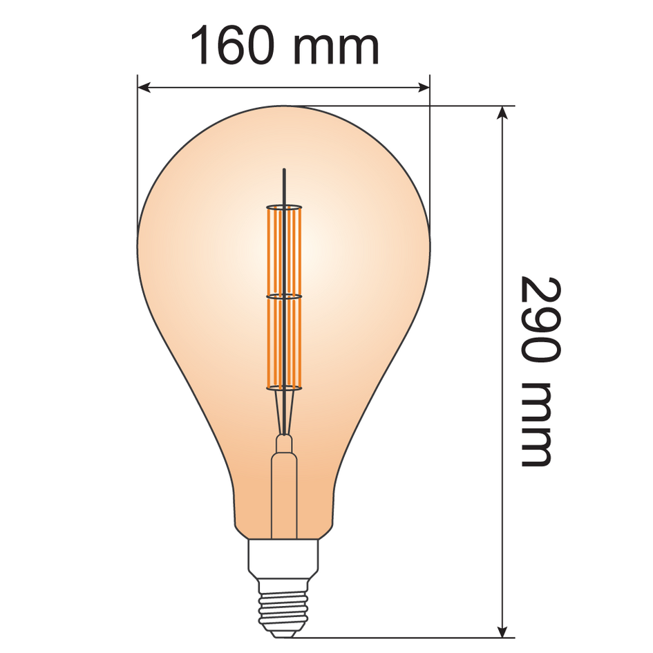 E27 LED-globepære XXL, dobbeltfilament med ravfarvet glas - 10 watt / 2000K / Ø160 / dæmpbar