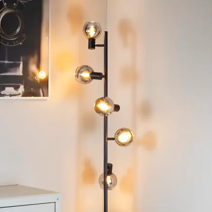 Industriel gulvlampe Lexington med 5 lyskilder, mat sort med røgfarvet glas