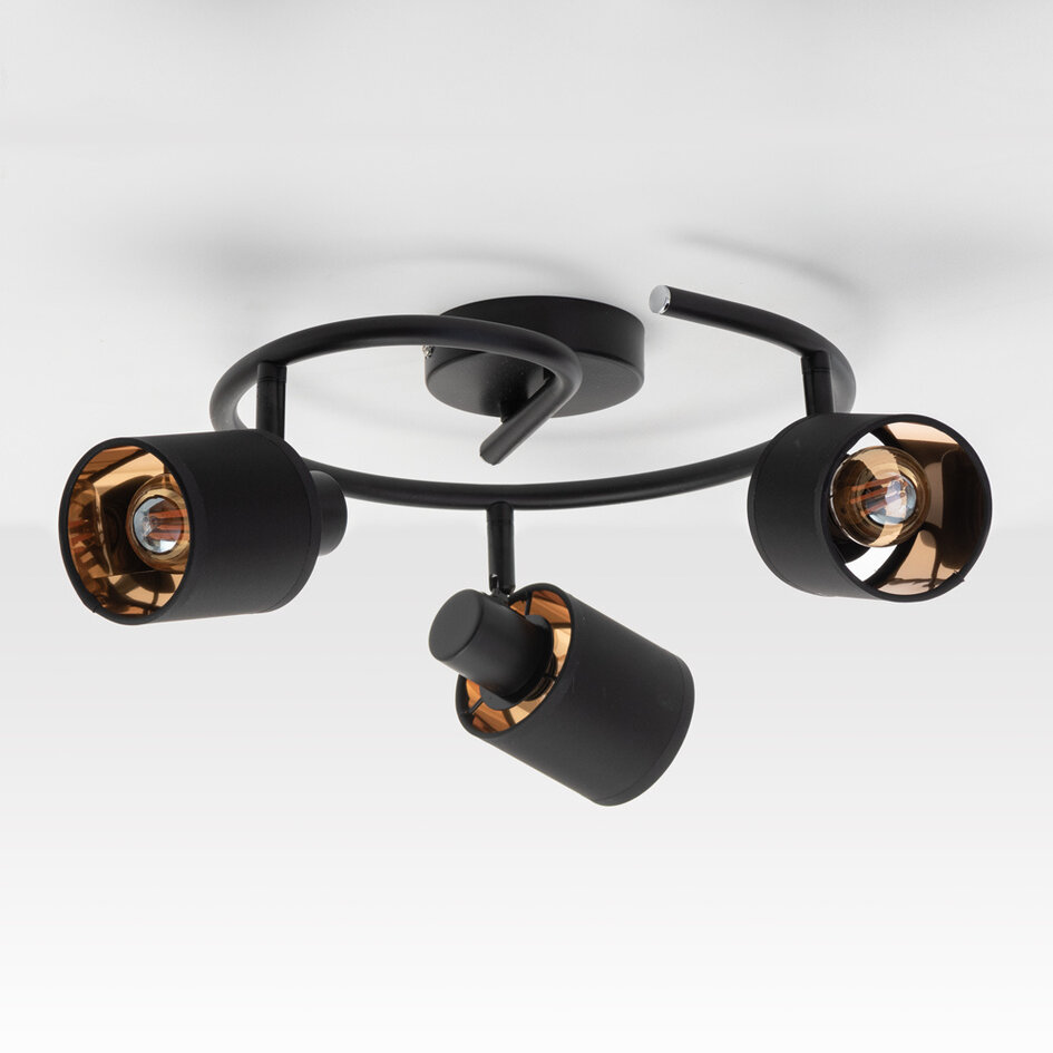 Loftlampe med buet spiral og 3 spots - Flynn - sort og kobber