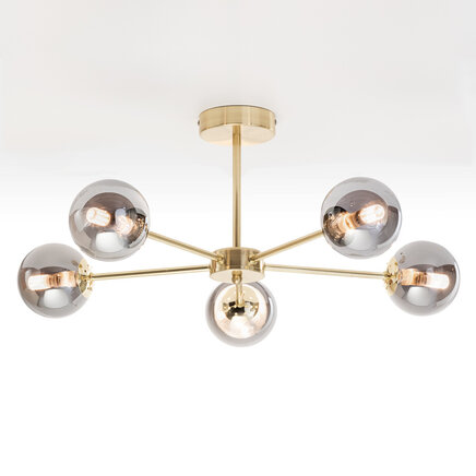 Loftlampe med 5 kugler i glas - Leah - guld/røggrå