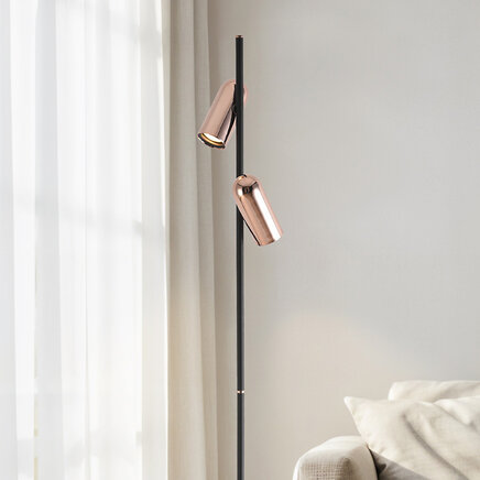 Gulvlampe Kisho med 2 spots, sort med guldfarvede detaljer