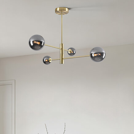 Loftlampe Stiri med 4 lyskilder - røgfarvet glas og guld