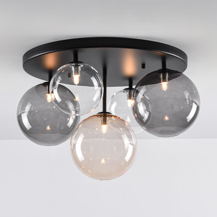 Loftlampe Lumose med 5 lyskilder - røgfarvet, amber og transparent glas