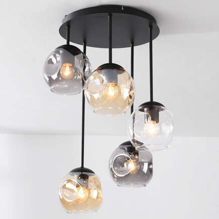 Design loftlampe Glo med 5 lyskilder – røgfarvet, amber og transparent glas