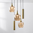 Design pendel Téo i guld med tre glasskærme i amber og to GU10-spots