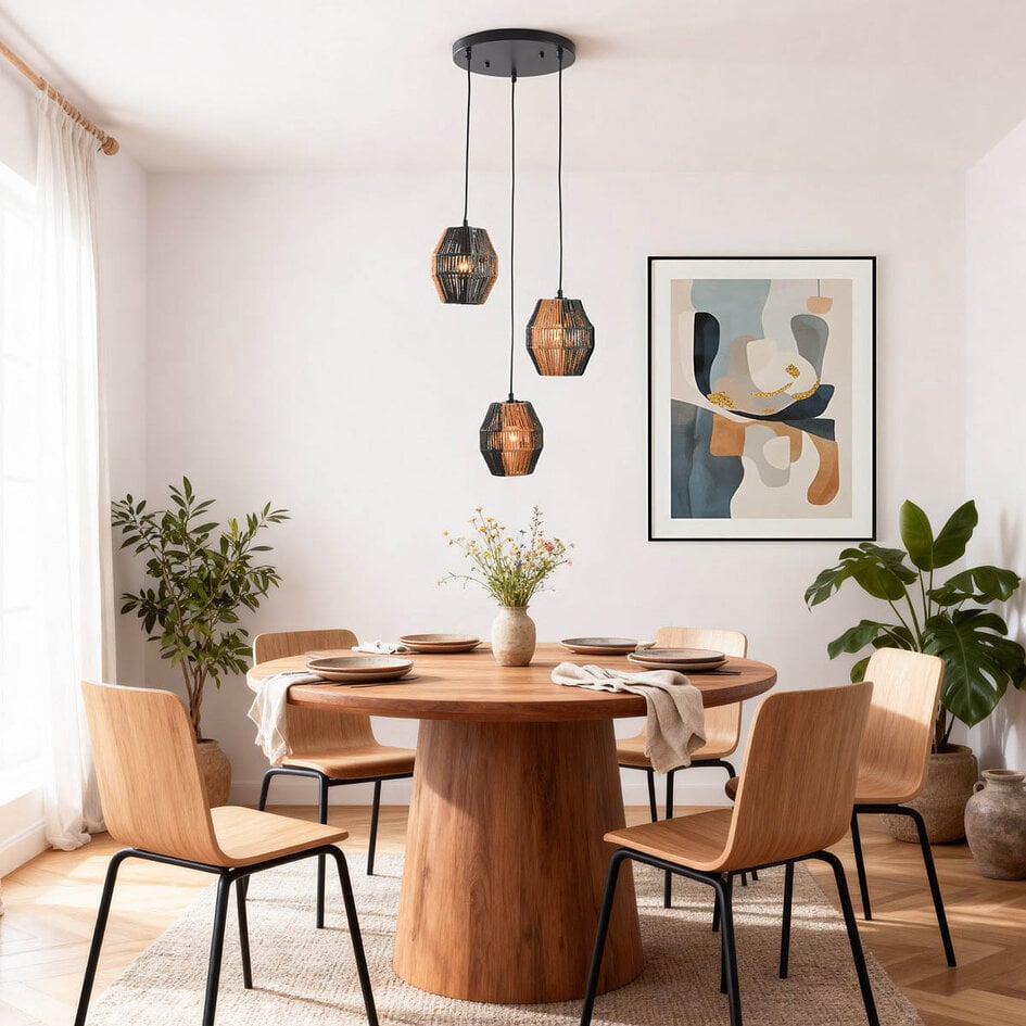 Hængelampe Lumra af reb i sort og naturfarvet – 3-lys