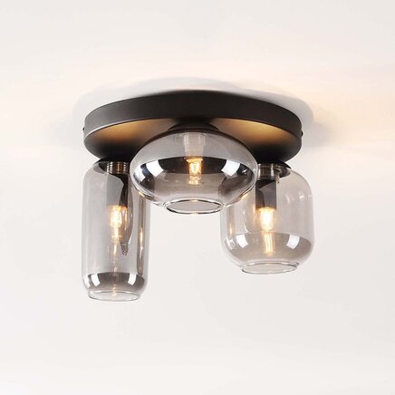 Sort loftlampe Penba med 3 røgfarvede glasskærme