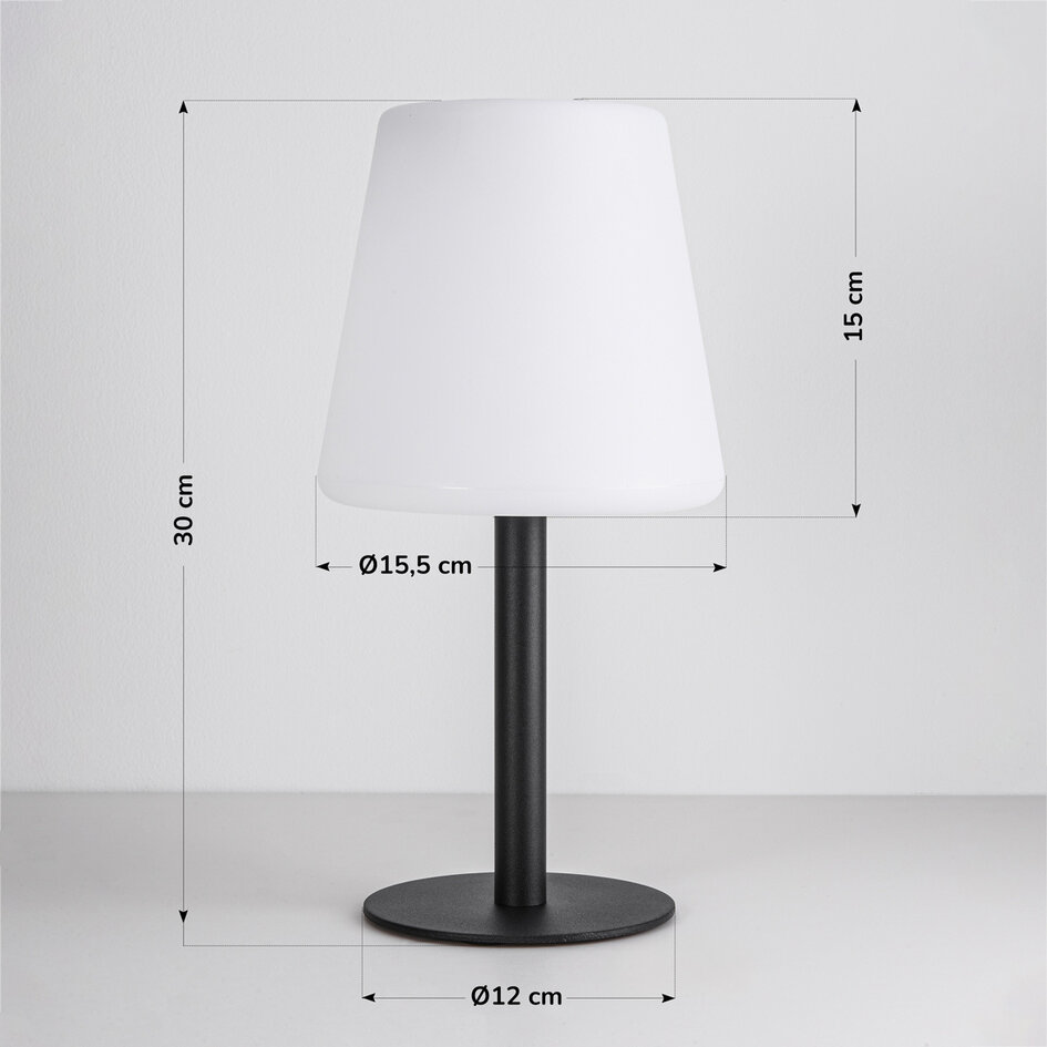 Lucen solcelledrevne bordlampe med metalfod og varmhvidt lys