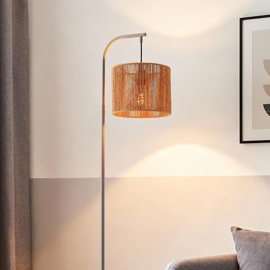 Standerlampe med flettet papirskærm, grå og naturfarvet - Reed
