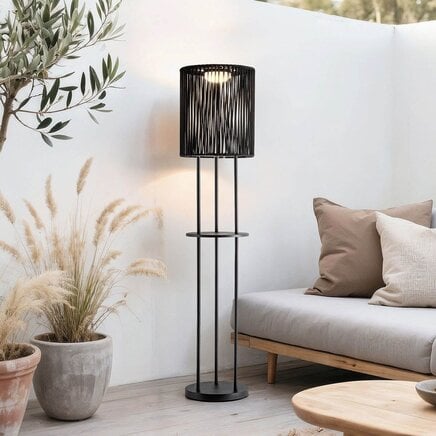 Stående udendørs solcellelampe Vinta, 3-trins dæmpbar LED og flettet reb, sort