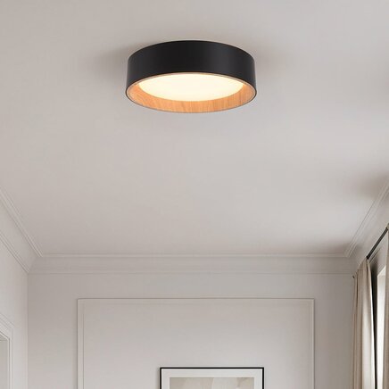 LED loftlampe Larios, 3-trins dæmpbar Ø29 cm - sort med trædetalje