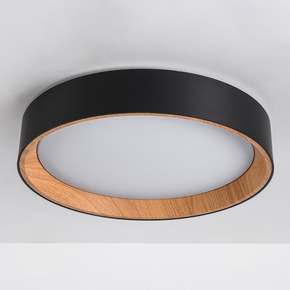 LED loftlampe Larios, 3-trins dæmpbar Ø39 cm - sort med trædetalje