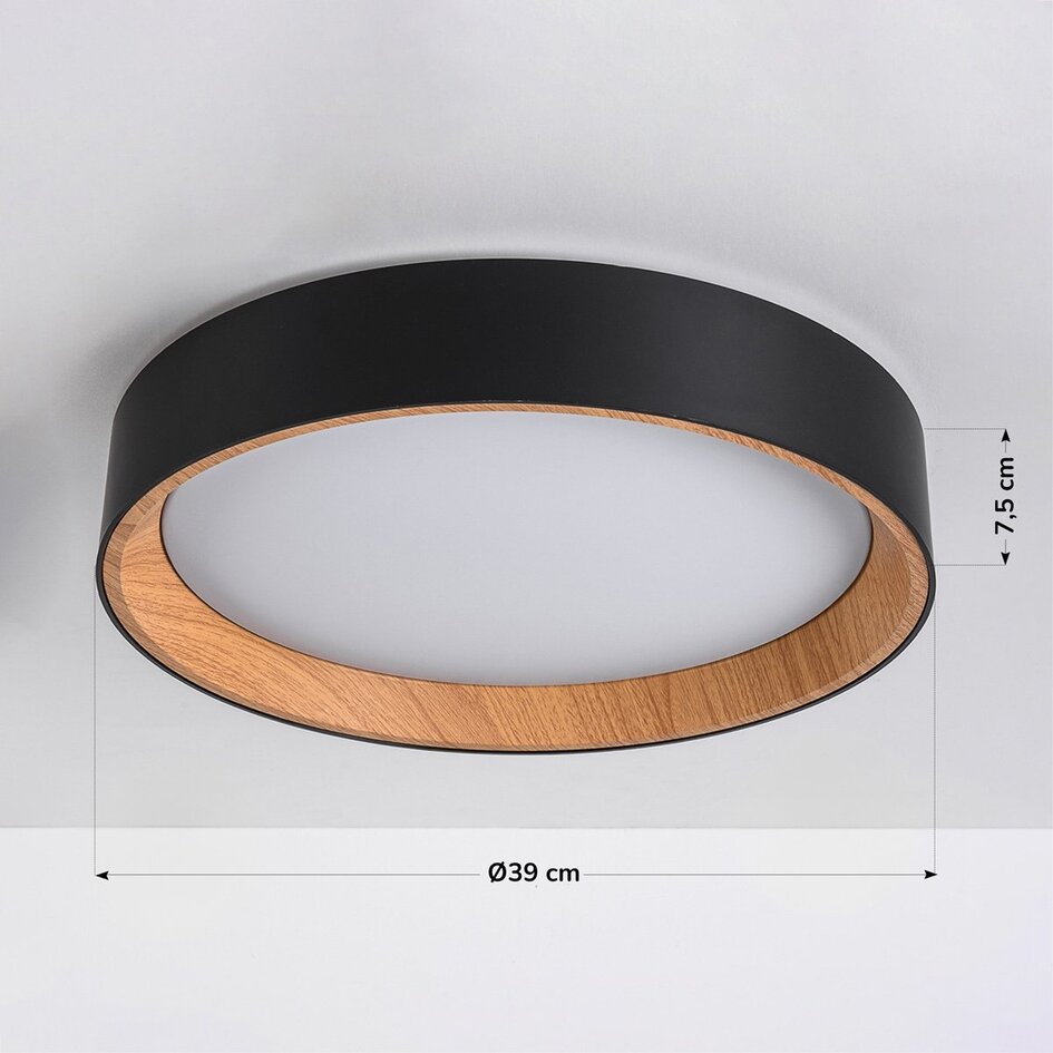LED loftlampe Larios, 3-trins dæmpbar Ø39 cm - sort med trædetalje