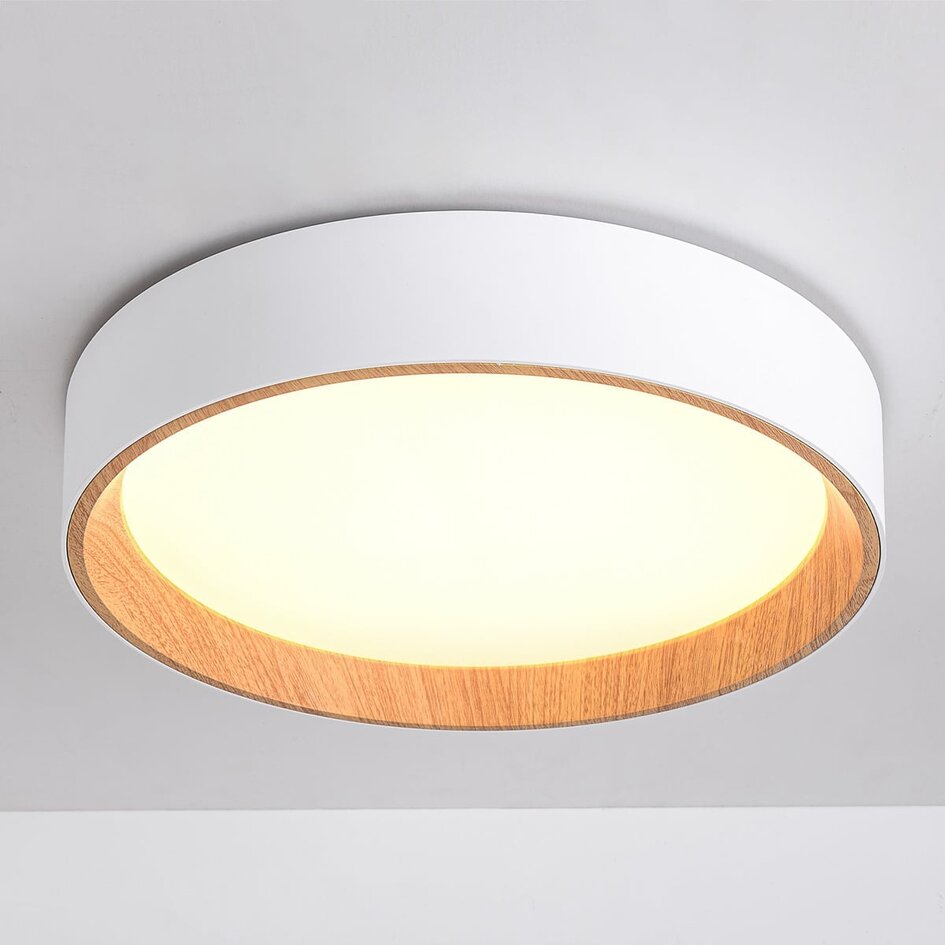 LED loftlampe Larios, 3-trins dæmpbar Ø39 cm - hvid med trædetalje