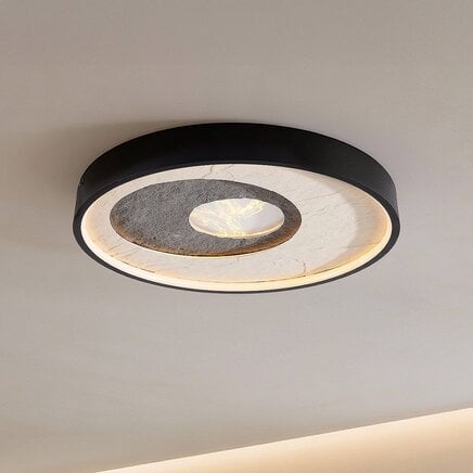 Loftlampe Cercul sort med grå og råhvidt stenlook Ø40 cm, 3-trins dæmpbar