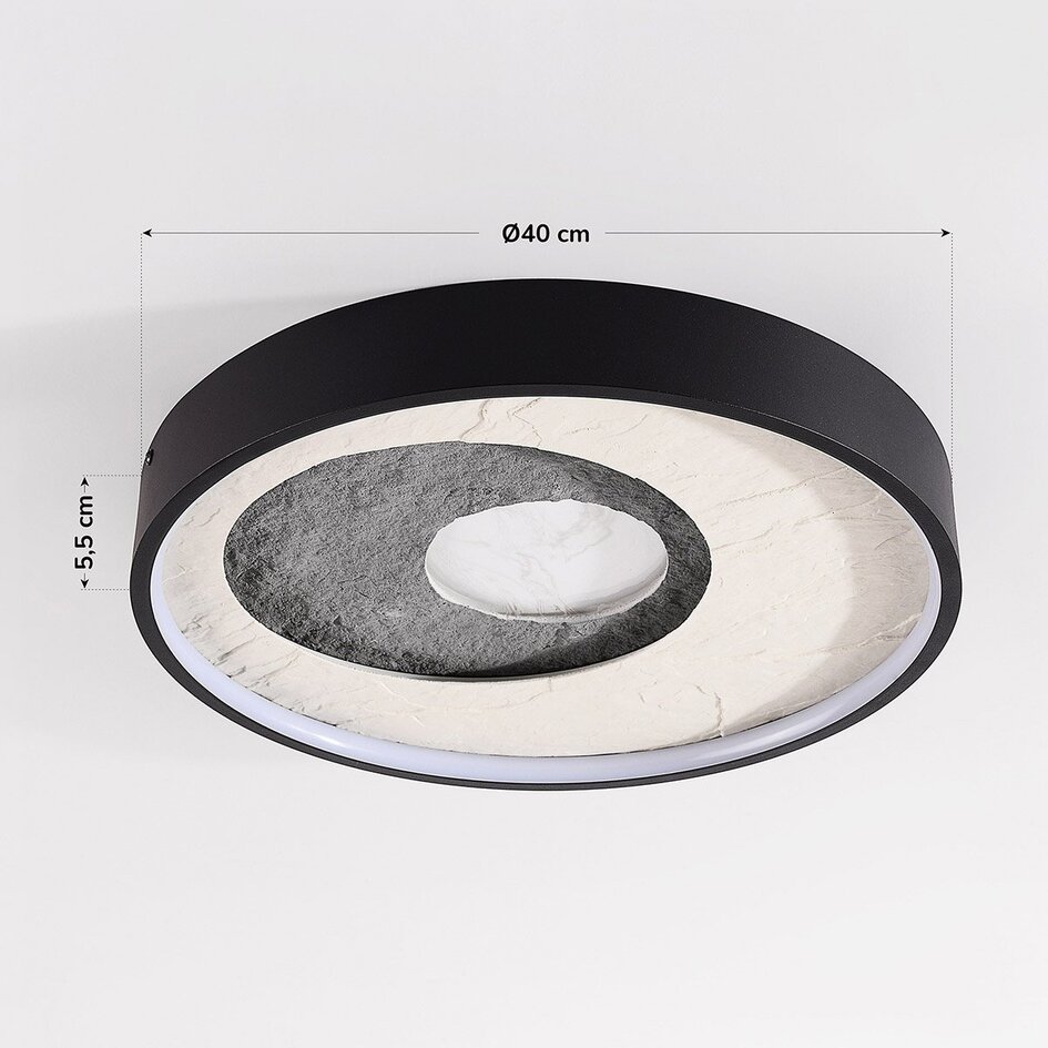 Loftlampe Cercul sort med grå og råhvidt stenlook Ø40 cm, 3-trins dæmpbar
