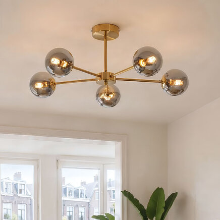 Loftlampe med 5 kugler i glas - Leah - guld/røggrå