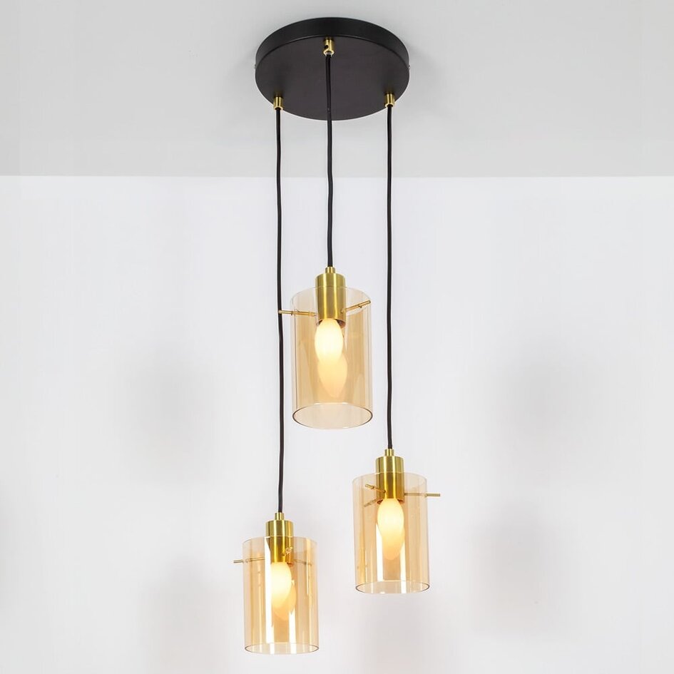Elegant pendellampe - Arlington - sort med gyldent glas,  3 lyspunkter