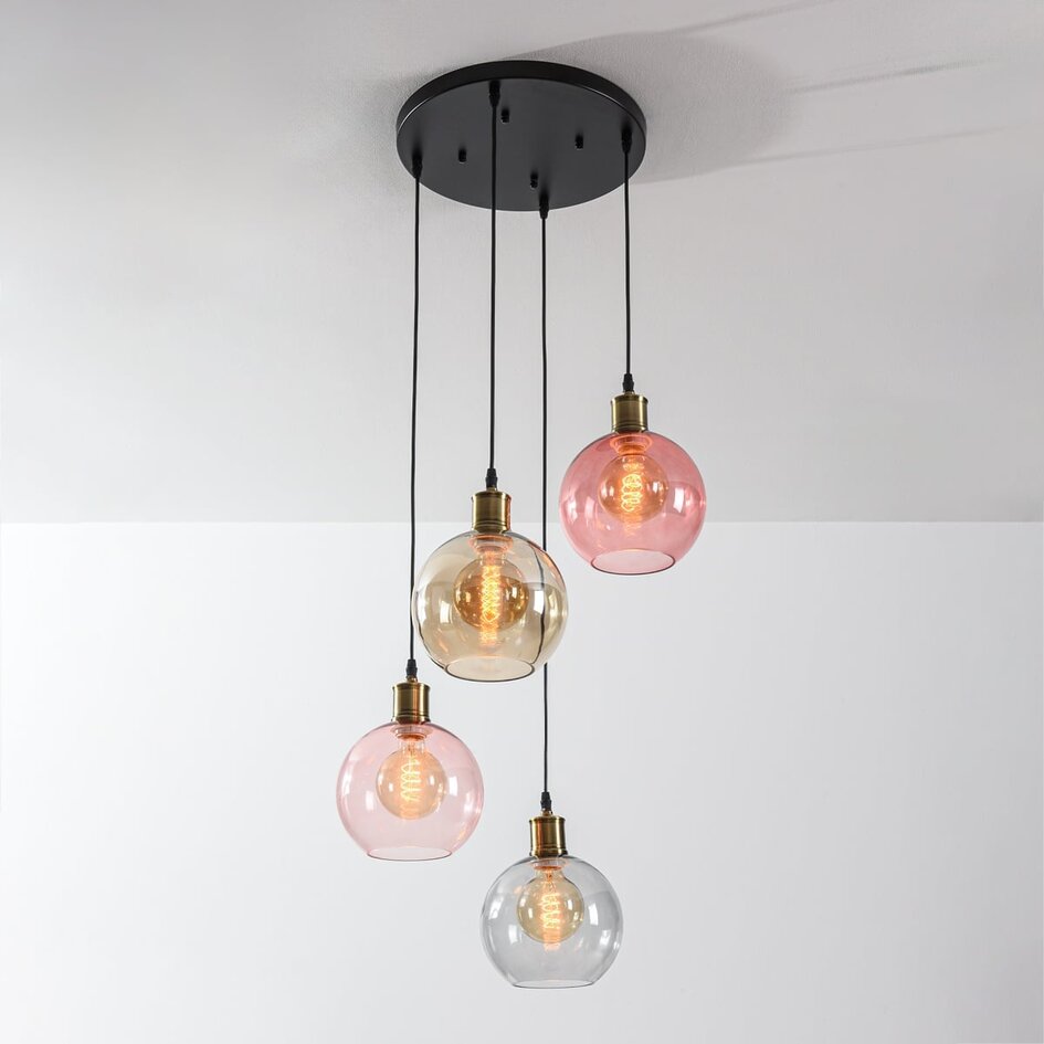Pendel Liya, 4 lyskilder - rødt, røgfarvet, amber og lyserødt glas