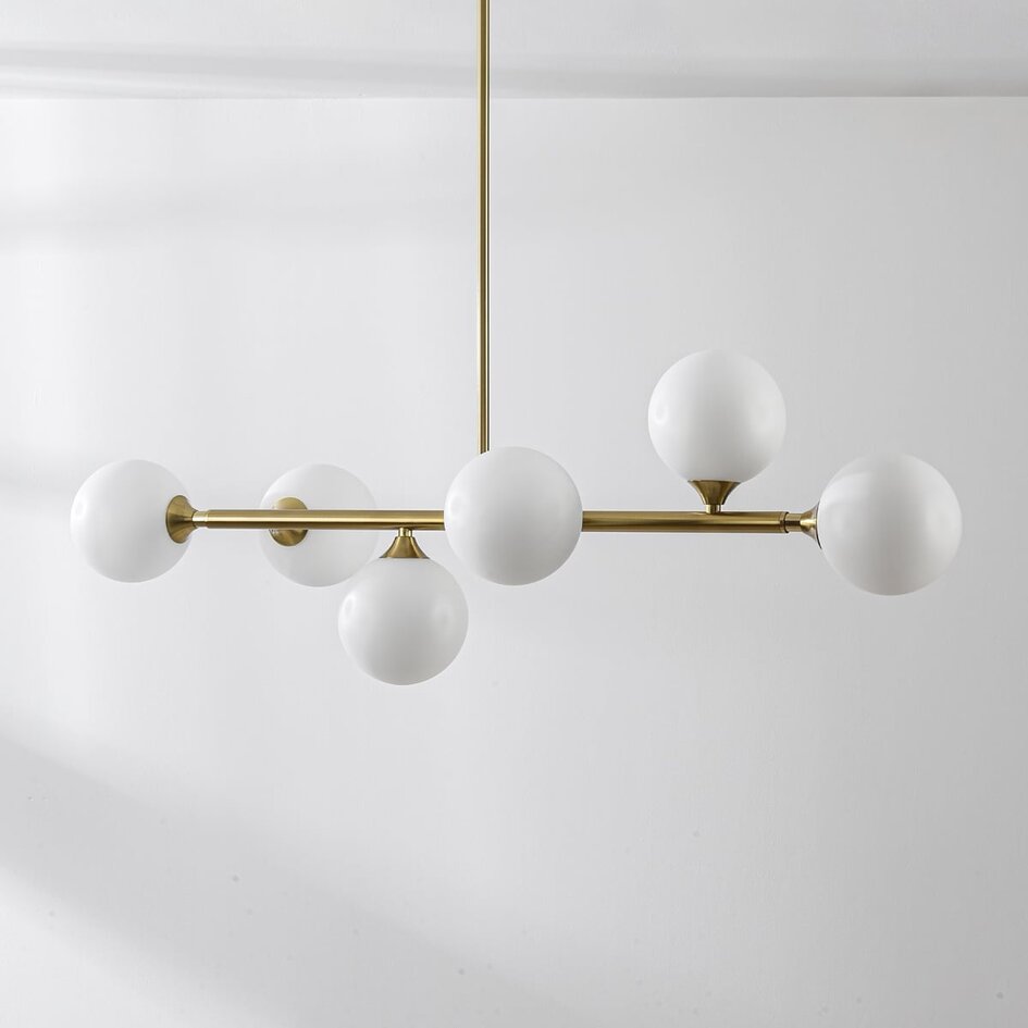 Loftslampe med 6 glaskugler - Aster - guld med opalhvidt glas