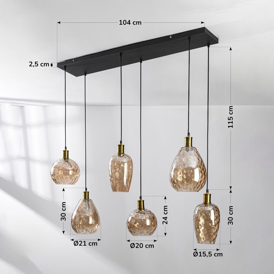 Pendel Nilo med 6 lyskilder – amber glas med bløde former