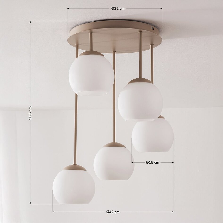 Moderne loftlampe Carato med 5 lyskilder - beige og mælkehvidt glas