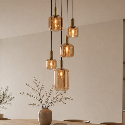 Pendel Cinque, 5 lyskilder med amber glas og guld