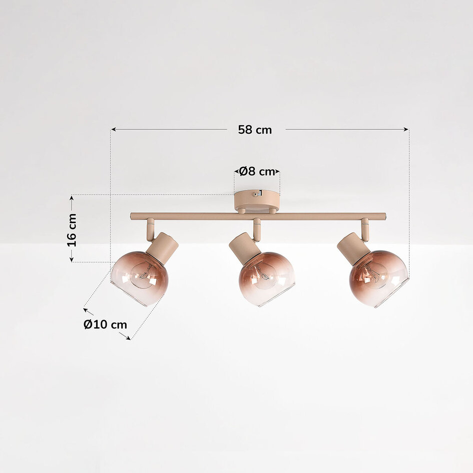 Justerbar loftlampe Lorie med 3 lyskilder og ombréglas i beige