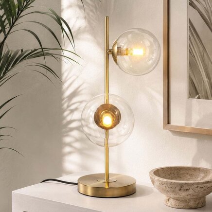 Bordlampe med 2 glaskugler - Ethan - messingfarvet med klart glas
