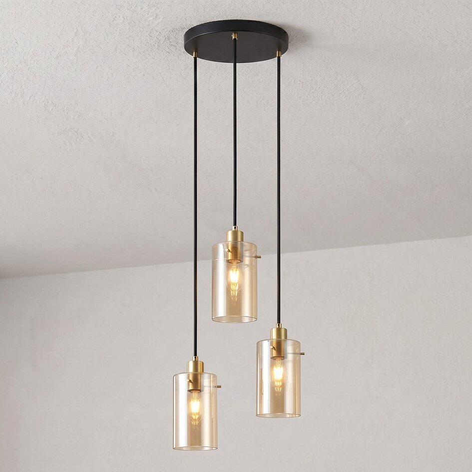 Elegant pendellampe - Arlington - sort med gyldent glas,  3 lyspunkter