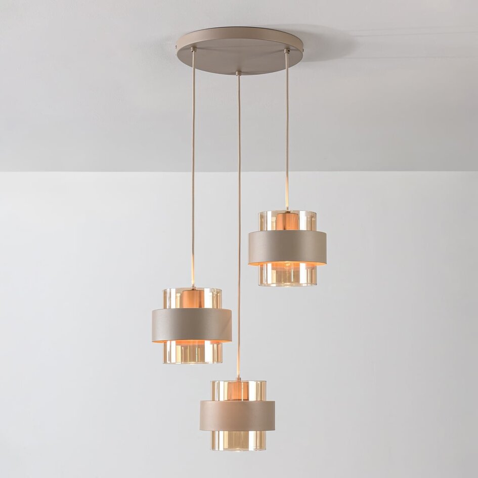 Pendellampe Kodi beige med ravfarvet glas, 3-lys