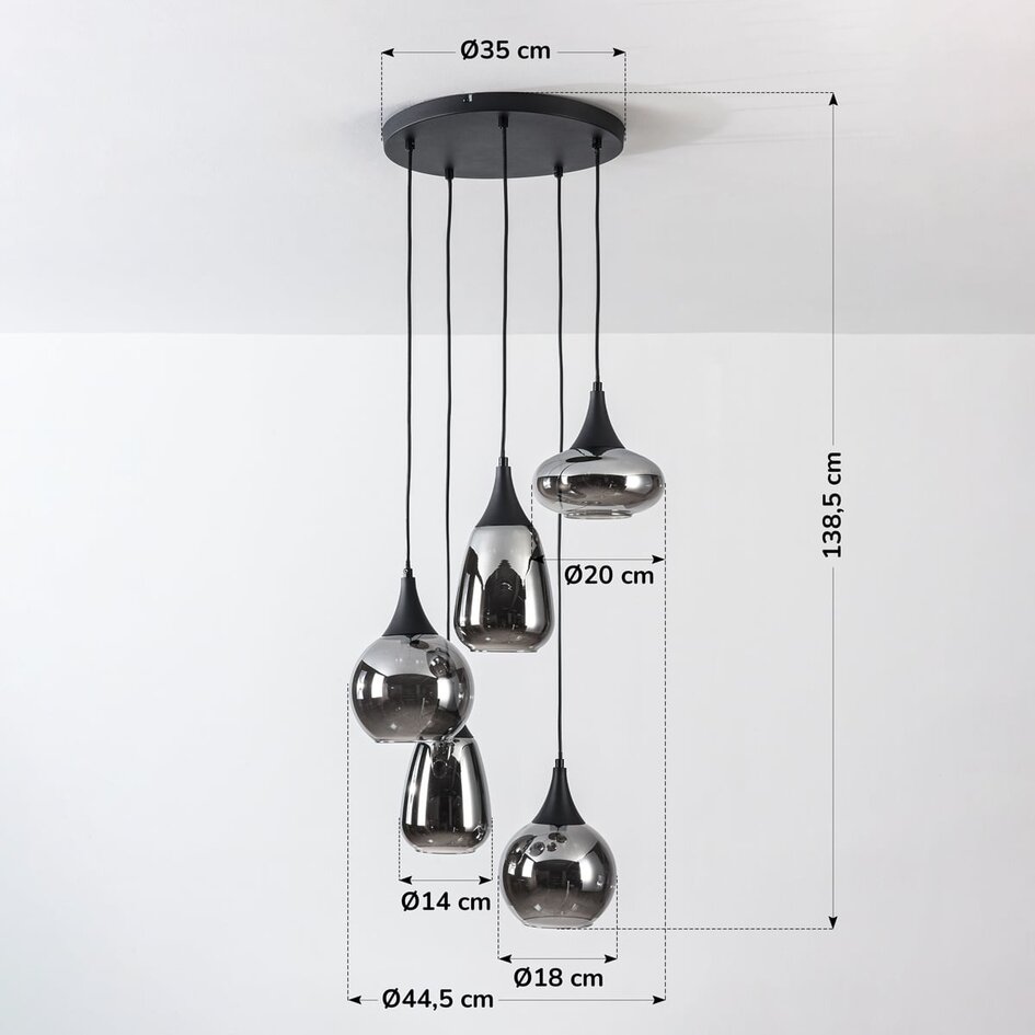 Pendel Loua, 5 lyskilder - røgfarvet glas og sort