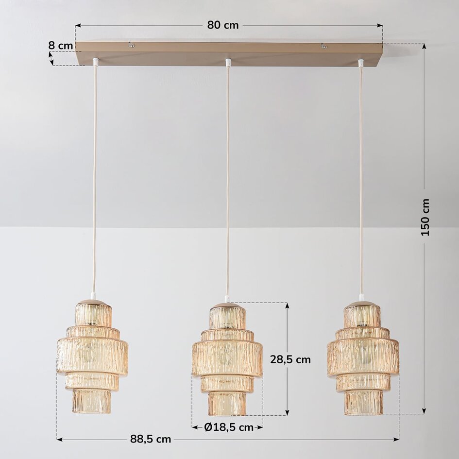 Pendel Odinda med 3 rillede glasskærme i amber - beige