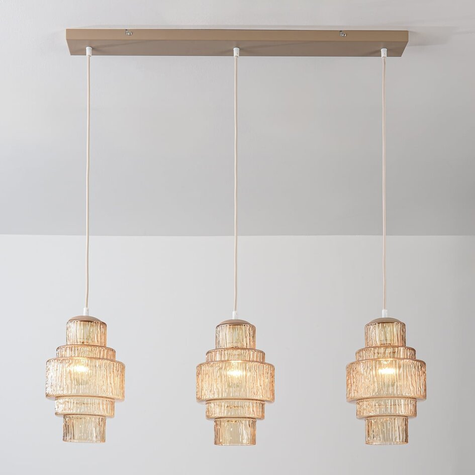 Pendellampe Odinda med 3 riflede lampeskærme i amber glas - beige