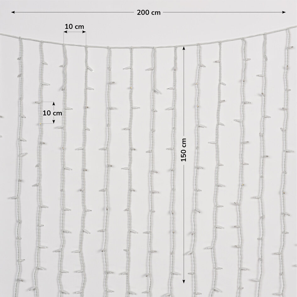 Lysgardin med sammenkobling, hvid | fra 2 meter | 300 LED'er | 2200K ekstra varm hvid | gummi