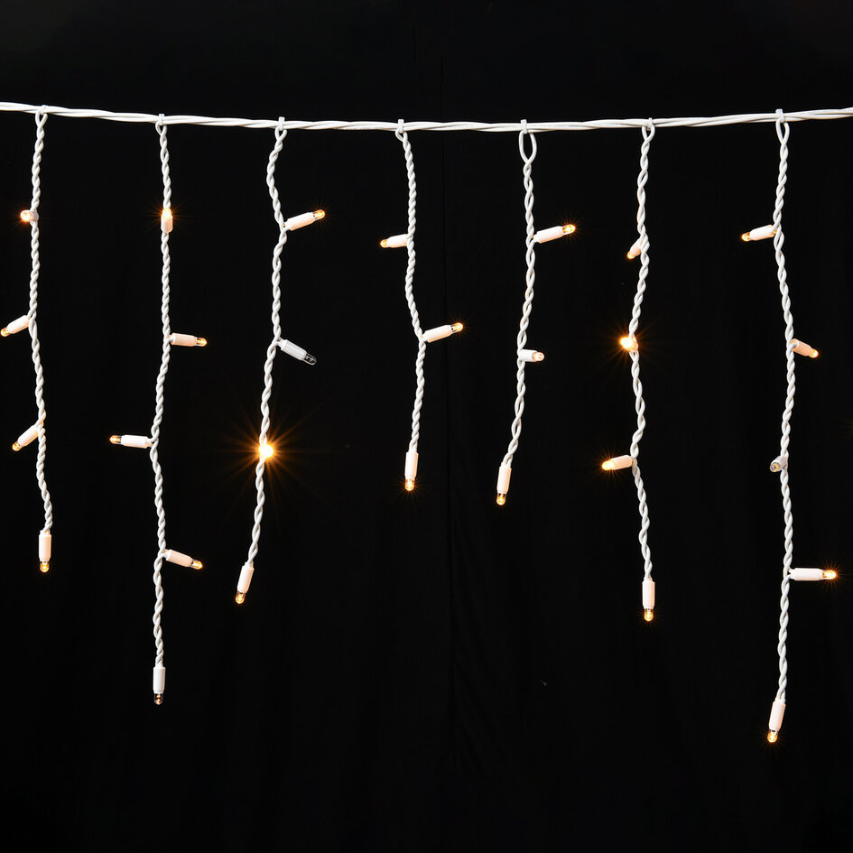 Lyskæde med istapper og sammenkobling | fra 3 meter | 114 LED'er | varm hvid med glimt | hvid ledning | gummi