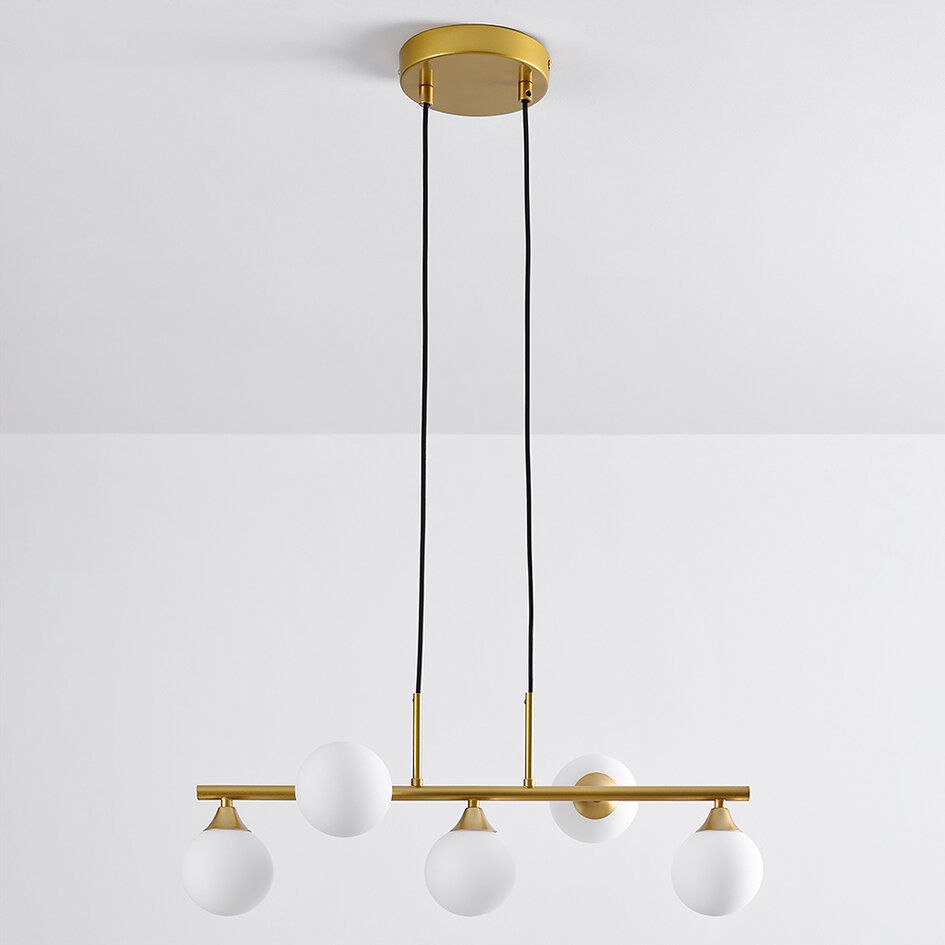 Design pendel Donny, 5 lyskilder med mælkehvide glaskugler