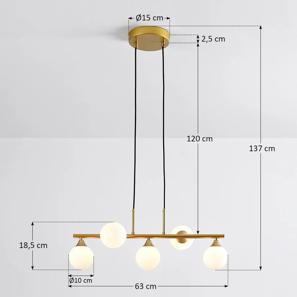Design pendel Donny, 5 lyskilder med mælkehvide glaskugler
