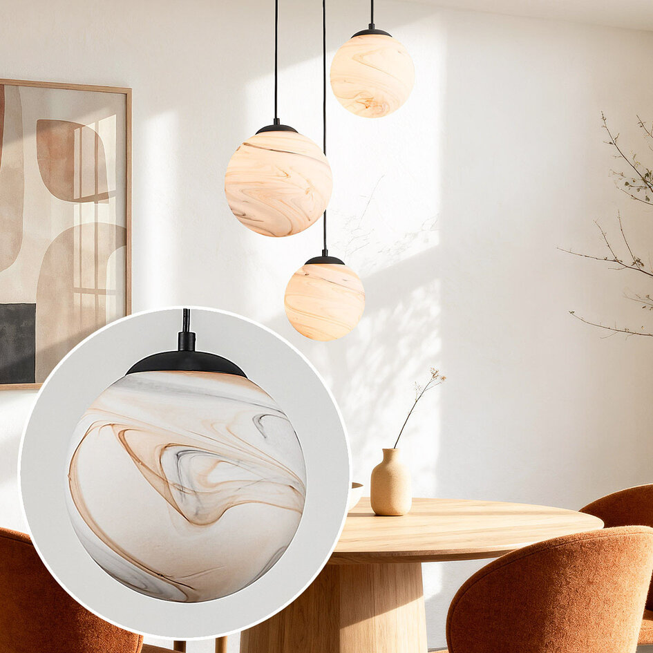 Design pendel Marbelle med 3 lyskilder i sort og glas med marmorlook
