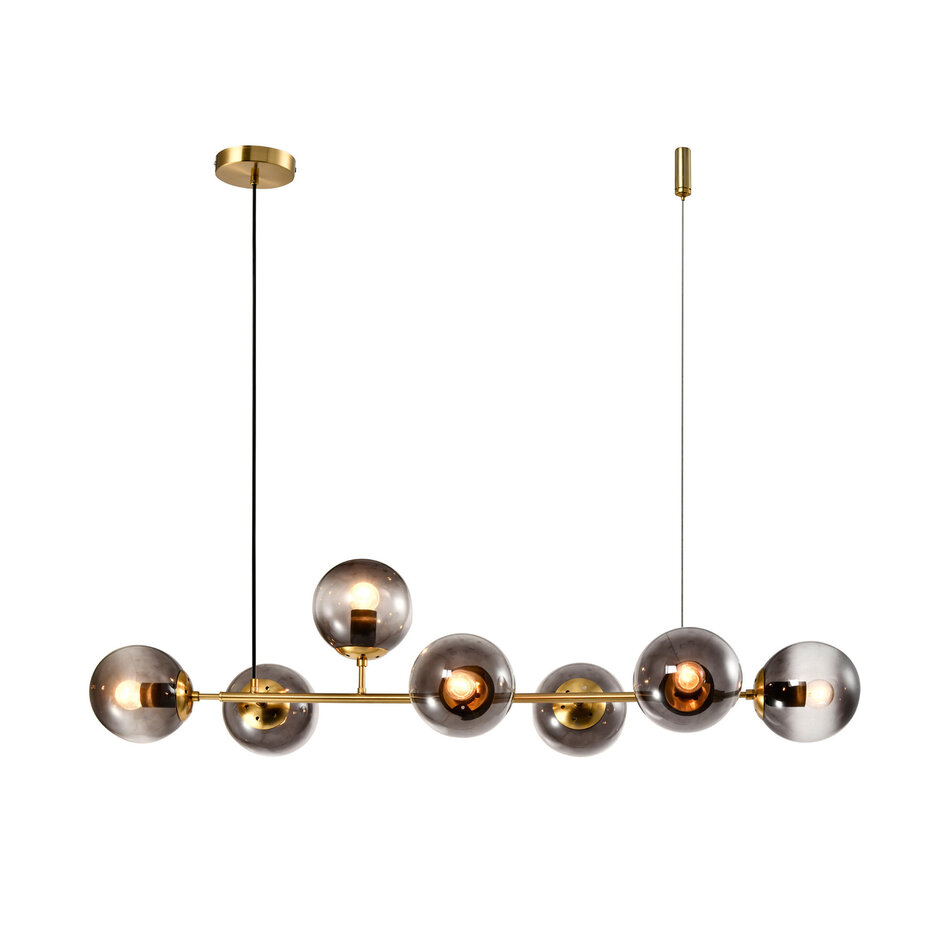 2. sortering: Design pendel Sette med 7 lyskilder i røgfarvet glas og guld