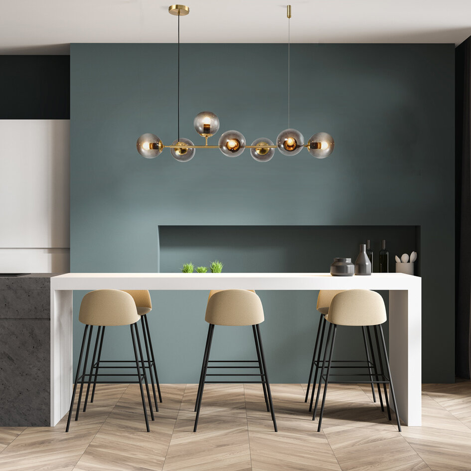 2. sortering: Design pendel Sette med 7 lyskilder i røgfarvet glas og guld