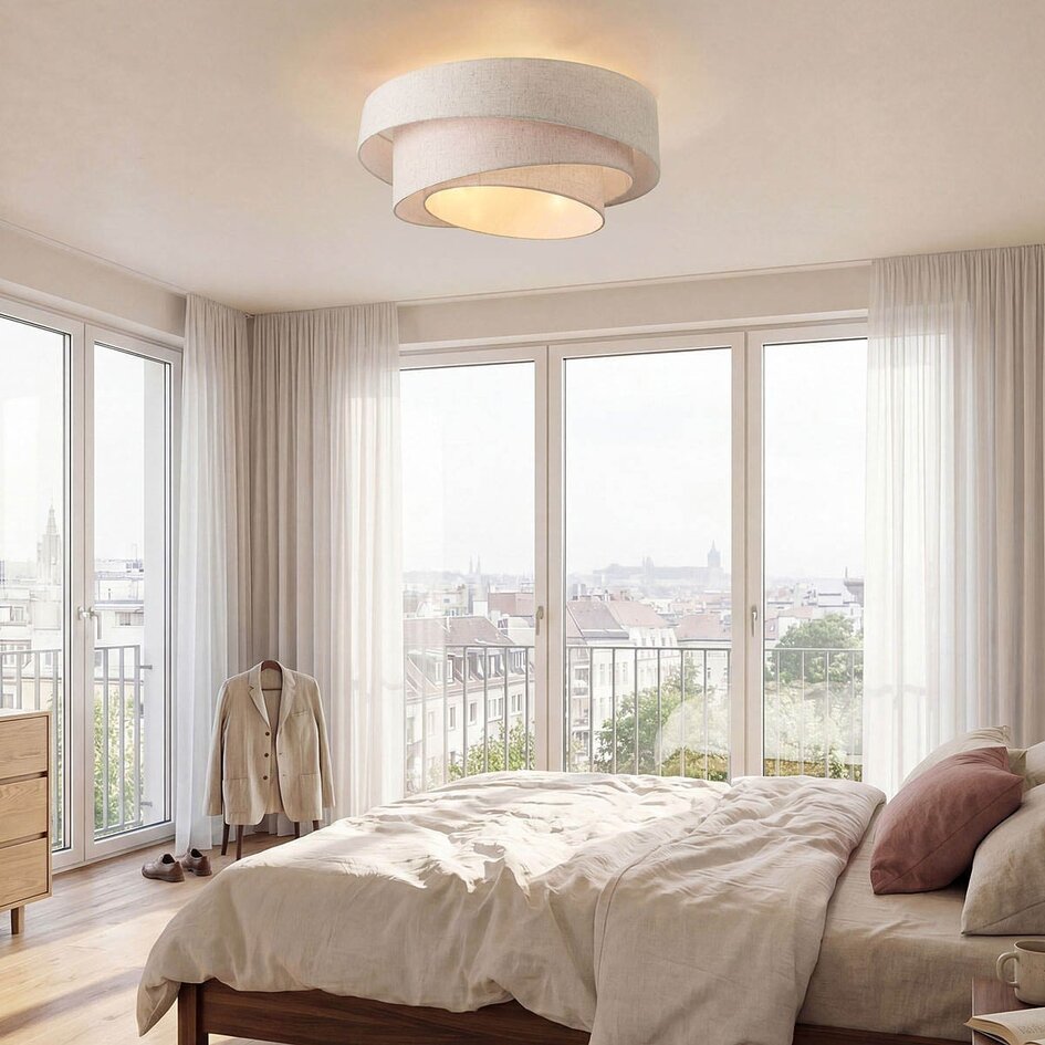 Loftlampe Neroi med 3 lyskilder - beige linnedskærme i flere lag